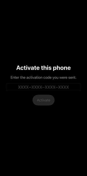 Activation screen asking for a four-part code