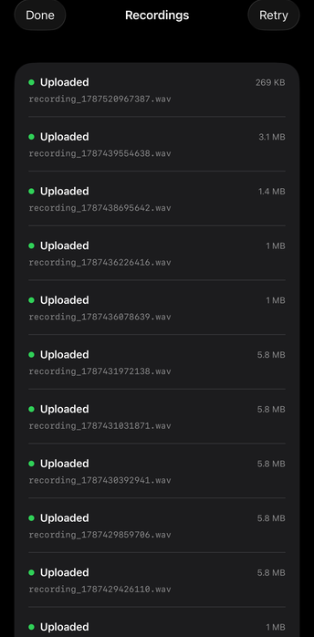 List of recordings each marked Uploaded