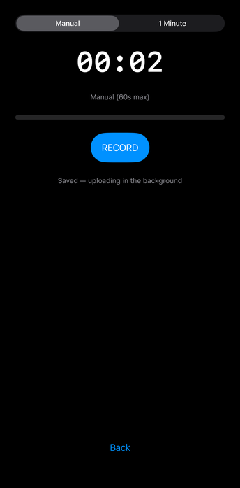 Recording screen with timer and record button